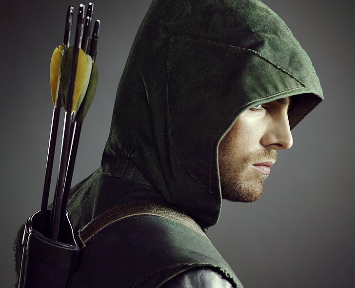 Green Arrow Stephen Amell, face, hood, actor, profile, male, the series, arrows, Arrow, Oliver Queen, Stephen Amell, HD wallpaper