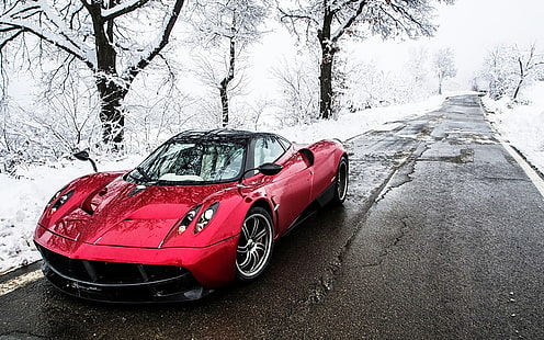 röd superbil, sportbil, väg, snö, bil, Pagani Huayra, Pagani, röda bilar, fordon, HD tapet HD wallpaper