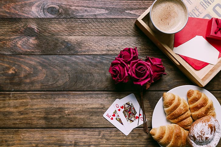 flowers, gift, roses, Breakfast, love, romantic, coffee cup, valentine's day, croissants, growing, a Cup of coffee, HD wallpaper