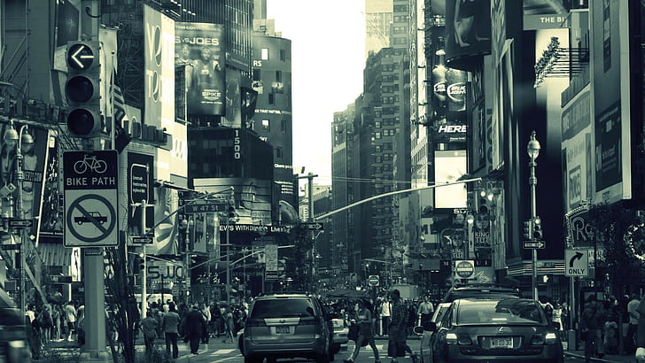 건축술 흑백 건물 뉴욕시 미국 거리 자동차 사람들 군중 신호등 도로 표지판 도시 광고 판 필터, HD 배경 화면