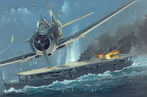 wallpaper digital biplane abu-abu dan kapal perang abu-abu, langit, api, tokoh, ledakan, seni, kapal induk, pertempuran, pesawat, Jepang, WW2, Amerika, Angkatan Laut Jepang, 