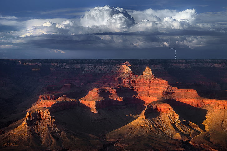 brown and black mountains, the sky, clouds, mountains, rocks, lightning, desert, USA, Grand Canyon, Arizona, National Park Grand Canyon, HD wallpaper