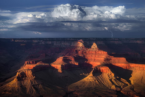 brown and black mountains, the sky, clouds, mountains, rocks, lightning, desert, USA, Grand Canyon, Arizona, National Park Grand Canyon, HD wallpaper HD wallpaper