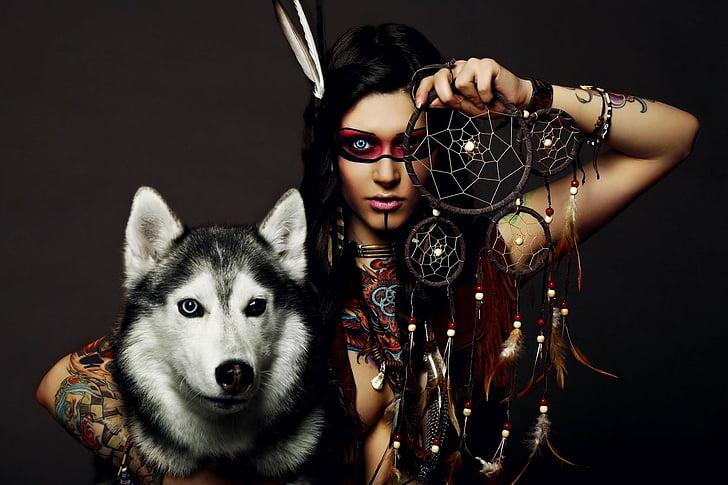 Women, Native American, Dog, Dreamcatcher, Husky, HD wallpaper