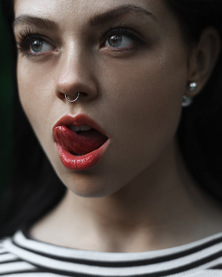 nose rings, licking lips, face, women, pierced septum, HD wallpaper