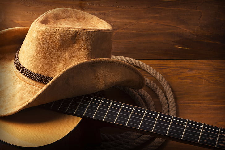 guitar, hat, wood, cowboy, rope, HD wallpaper