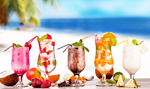 пет алкохолни напитки, лято, напитки, плаж, прясно, коктейли, плодове, напитки, тропически, HD тапет HD wallpaper