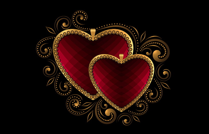 heart-shape brown-and-red floral digital wallpaper, hearts, metal, love, gold, luxury, HD wallpaper