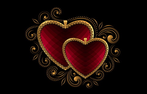 heart-shape brown-and-red floral digital wallpaper, hearts, metal, love, gold, luxury, HD wallpaper HD wallpaper