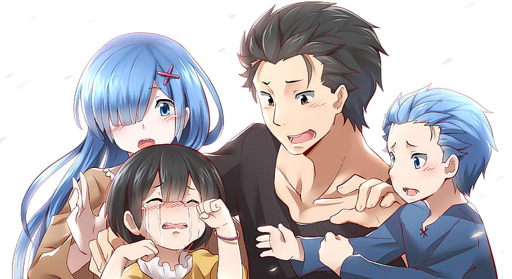 re: zero, rem x subaru, married couple, kids, crying, cute, Anime, HD wallpaper