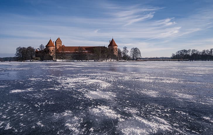 Trakai, Litvanya, Vatan, kış, pilis, göl, HD masaüstü duvar kağıdı