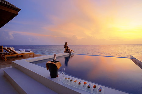 Hotel di lusso, piscina, tramonto, 4K, suite d'acqua, Sfondo HD HD wallpaper