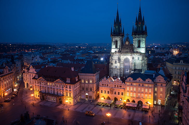 white and brown concrete cathedral, the sky, night, the city, building, Prague, Czech Republic, lighting, architecture, blue, The Czech Republic, Republic, Praha, Old town square, Tyn Church, Staré Město, The Old Town, Czech, The old town square, HD wallpaper