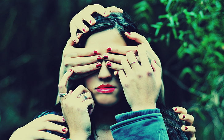 women, hands, covering face, rings, painted nails, red lipstick, model, HD wallpaper