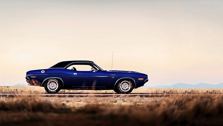 blue convertible coupe, Dodge Challenger 1970, car, road, HD wallpaper
