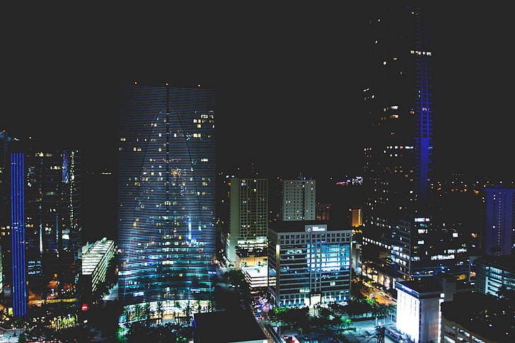 градски пейзаж, нощ, небостъргач, светлини, Маями, САЩ, силует, архитектура, HD тапет
