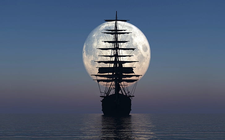 Moon Boat, landscape, background, sailing, ship, sea, HD wallpaper