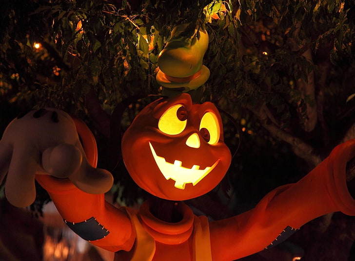 Jack-O'-Lantern Goofy, halloween, holiday, tree, light, eyes, cartoon, character, HD wallpaper