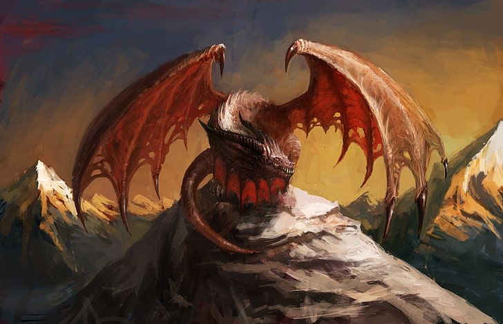 иллюстрация красного дракона, небо, взгляд, горы, красный, художественная литература, дракон, крылья, арт, рот, хвост, когти, рога, HD обои