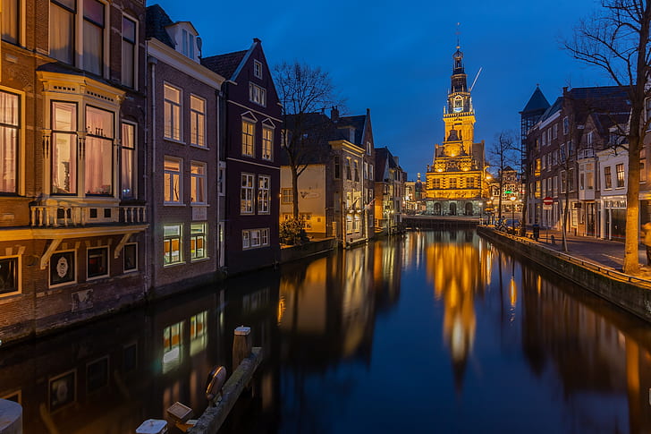 lumières, le soir, canal, Pays-Bas, Hollande, Alkmaar, Fond d'écran HD