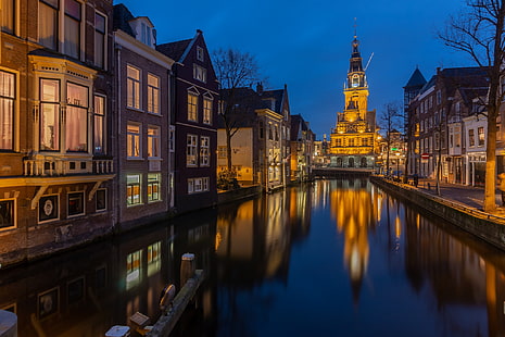 luci, la sera, canale, Paesi Bassi, Olanda, Alkmaar, Sfondo HD HD wallpaper