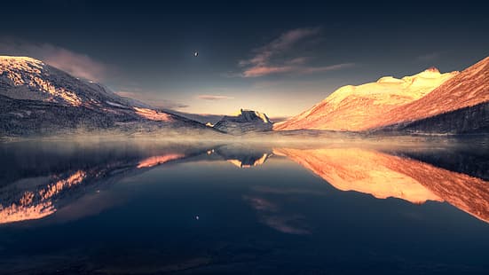  mountain view, lake, river, sea, mountain top, mirror, sky, clouds, moonlight, purple sky, HD wallpaper HD wallpaper