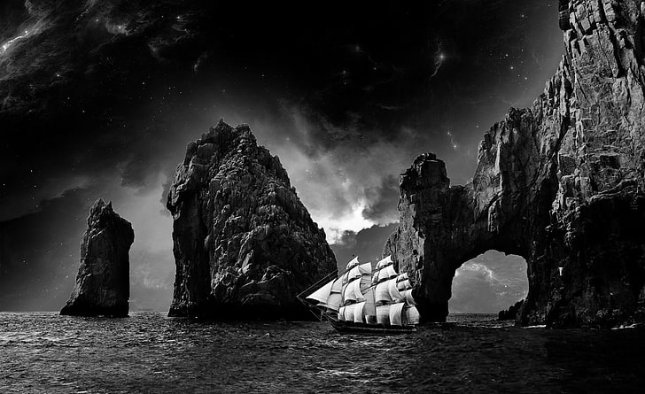 Navio solitário, foto em escala de cinza da escuna perto de formações rochosas, Aero, criativo, navio, mar, navio no luar, preto e branco, nebulosa, HD papel de parede