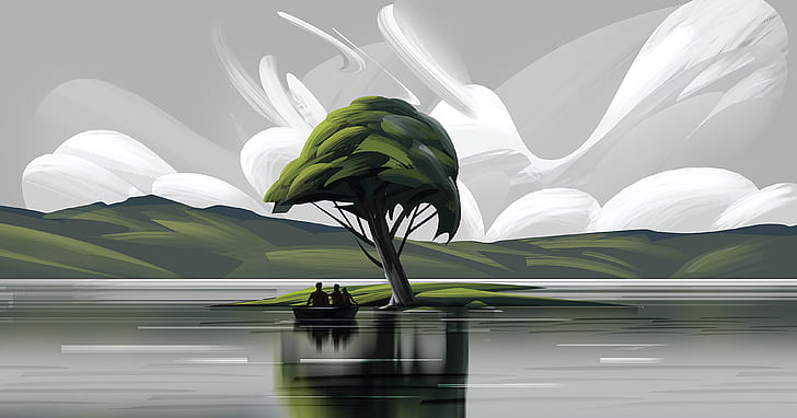 Lonely tree, boat, lake, reflection, clouds, Nature, HD wallpaper |  Wallpaperbetter