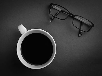 Black Coffee, white ceramic mug, Food and Drink, View, Internet, Business, Design, Desk, Table, Coffee, Desktop, Glasses, Work, Office, drink, workspace, workplace, cupofcoffee, startup, readingglasses, HD wallpaper HD wallpaper