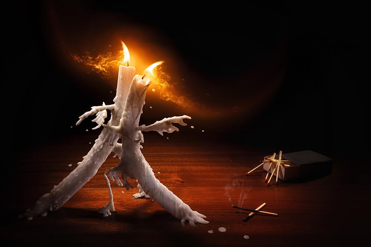 two white taper candles dancing digital painting, fire, matches, dance, candles, wax, tango, HD wallpaper