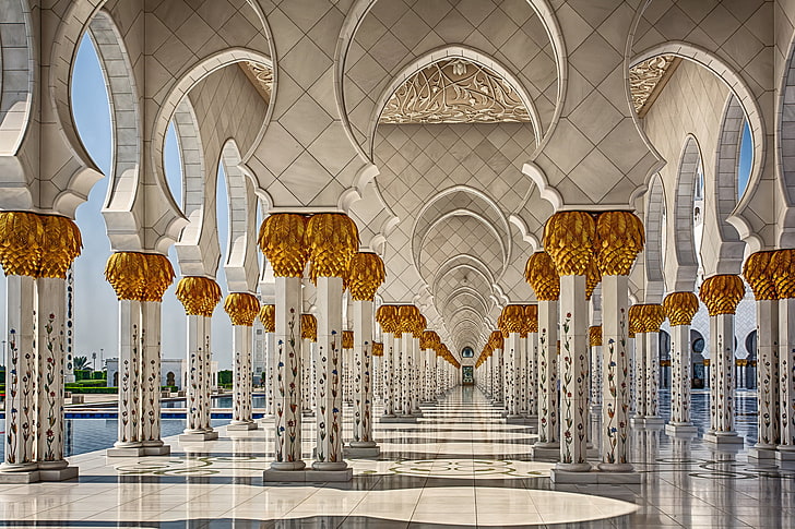 white concrete columns, pool, architecture, column, UAE, Abu Dhabi, the Sheikh Zayed Grand mosque, HD wallpaper
