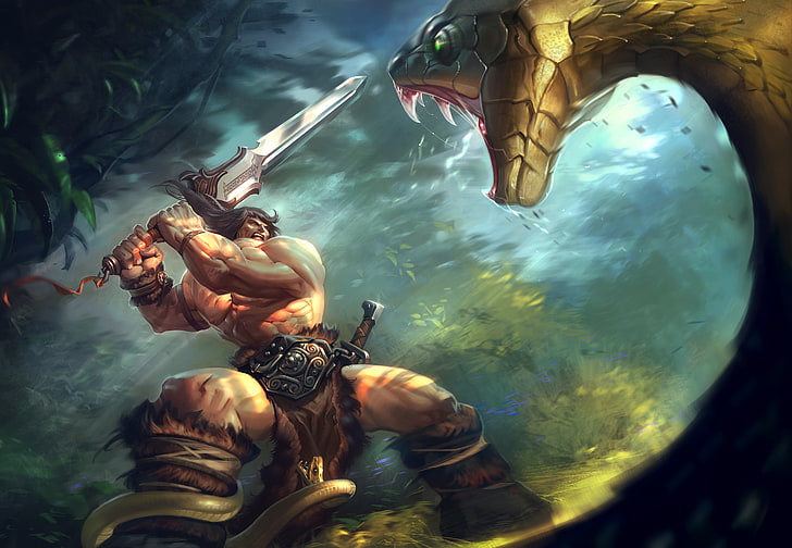 man and snake wallpaper, snake, sword, jungle, huge, fight, Conan the barbarian, two-handed, HD wallpaper