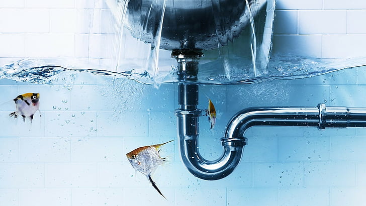 photo manipulation water pipes underwater fish bathroom tiles bubbles waves aquarium humor water drops sink, HD wallpaper