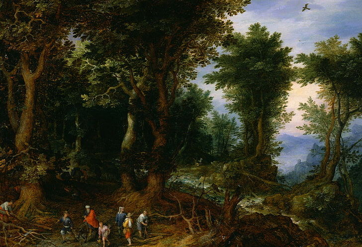 картина, митология, Ян Брейгел по-големият, Горски пейзаж с Авраам и Исак, HD тапет