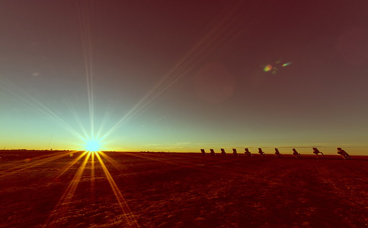 Cadillac Ranch, brown dirt, Nature, Sun and Sky, Sunrise, Landscape, Morning, Field, Texas, Cars, Sunlight, Countryside, Sunrays, amarillo, starburst, cadillacranch, outdoorart, thelight, HD wallpaper