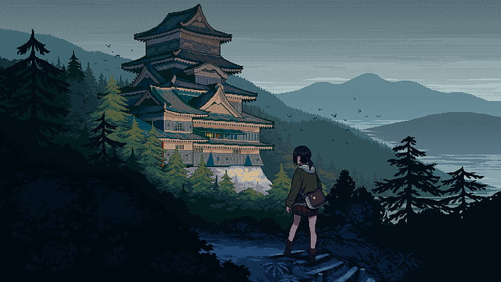 Anime, Pixel Art, Anime Girls, Landschaft, Architektur, Natur, Asien, HD-Hintergrundbild