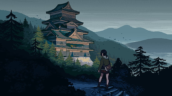 Anime, Pixel Art, Anime Girls, Landschaft, Architektur, Natur, Asien, HD-Hintergrundbild HD wallpaper