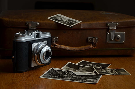 agfa, antiquarian, camera, film, images, luggage, memories, old, old photos, paper pictures, paper prints, photograph, photography, photos, suitcase, travel, vintage, HD wallpaper HD wallpaper