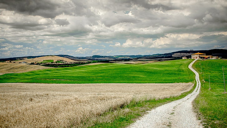 Natur, Landschaft, Wolken, Bäume, Feld, Toskana, Italien, Gras, Schotterweg, Hügel, Haus, HD-Hintergrundbild
