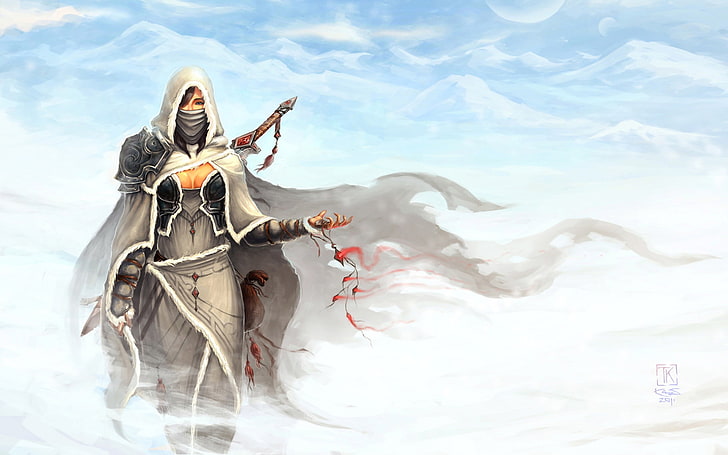 woman wearing white hoodie character wallpaper, snow, mountains, the wind, magic, Girl, sword, hood, amulet, cloak, warrior, HD wallpaper