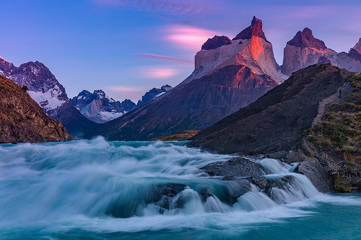 góry, rzeka, wodospad, Chile, Patagonia, Park Narodowy Torres del Paine, Torres del Paine, Wodospad Salto Grande, Wodospad Salto Grande, Rzeka Paine, Sosna rzeczna, Tapety HD