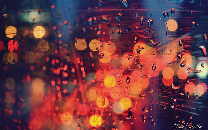 orange bokeh lights, bokeh photography, water on glass, water drops, macro, bokeh, HD wallpaper