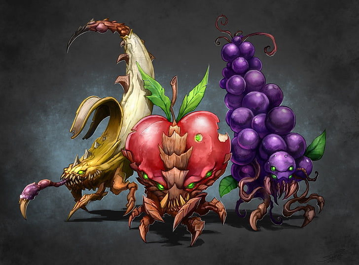 Starcraft 2, ilustracja potworów bananowych, jabłkowych i winogronowych, gry, Starcraft, Tapety HD