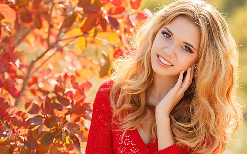 Herbst, blondes Mädchen, Lächeln, rotes Kleid, Blätter, Herbst, blond, Mädchen, Lächeln, rot, Kleid, Blätter, HD-Hintergrundbild HD wallpaper