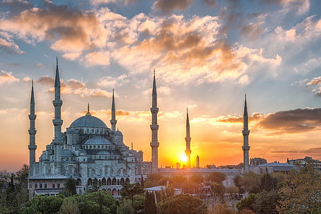 مساجد ، مسجد السلطان أحمد ، كلاود ، اسطنبول ، صباح ، مسجد ، تركيا، خلفية HD HD wallpaper