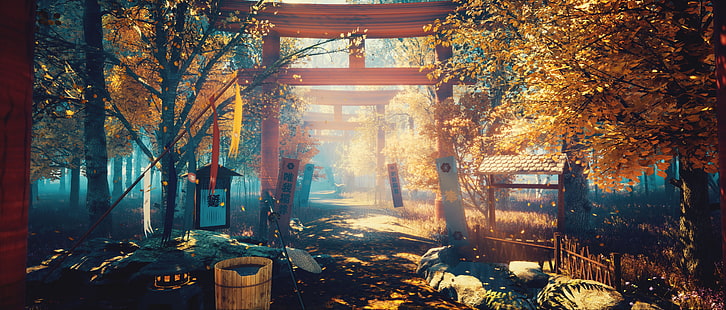 red wooden shrine entrance, autumn, flowers, nature, torii, HD wallpaper HD wallpaper