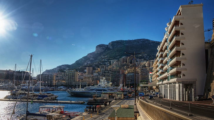 Monaco From The Waterfront, highrise buildings, mountain and body of water, mountain, waterfront, yacht, city, sunny, nature and landscapes, HD wallpaper