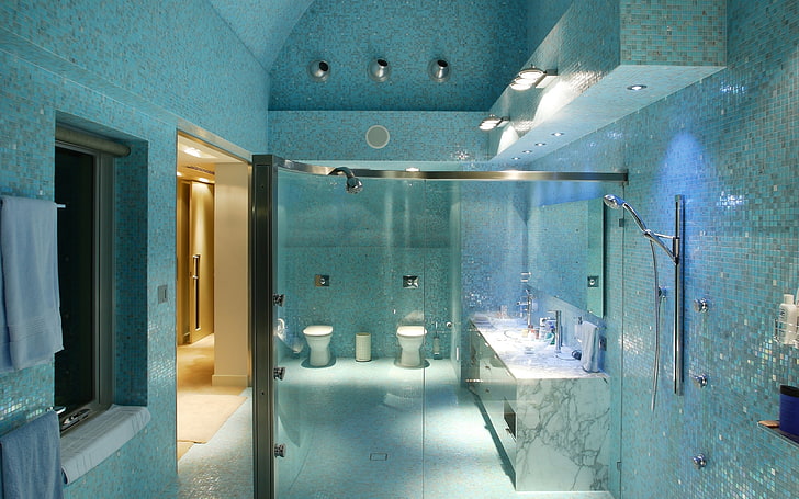 two white ceramic toilet bowls, room, bathroom, wall, style, interior, HD wallpaper