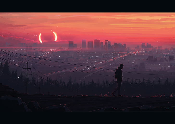 Aenami, Sonnenuntergang, Stadtbild, Stromleitungen, HD-Hintergrundbild