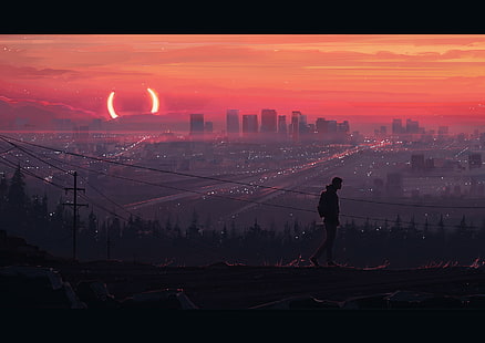 Aenami, Sonnenuntergang, Stadtbild, Stromleitungen, HD-Hintergrundbild HD wallpaper